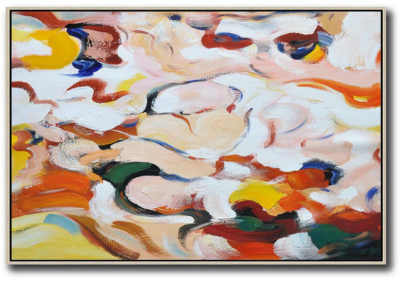 Huge Abstract Canvas Art,Oversized Horizontal Contemporary Art,Huge Canvas Art On Canvas,White,Pink,Yellow,Red,Blue.Etc